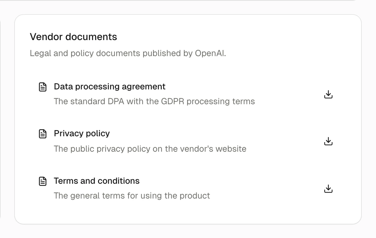 Vendor documents in Grasp: the data processing agreement, privacy policy and terms and conditions that OpenAI publishes.